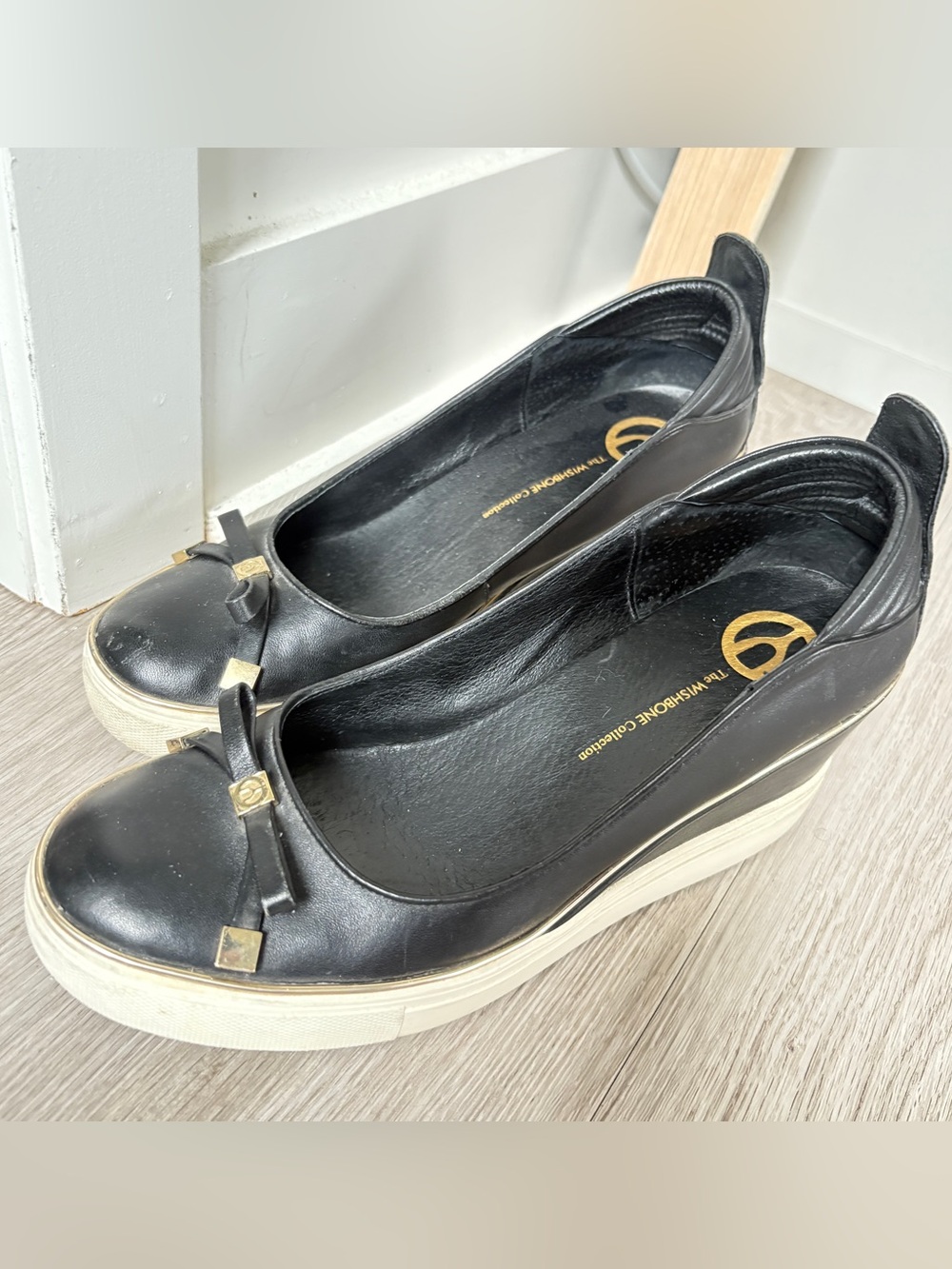 Wishbone Round Toe Wedge Leather Shoe Women's Black Platform Ballet Size 9